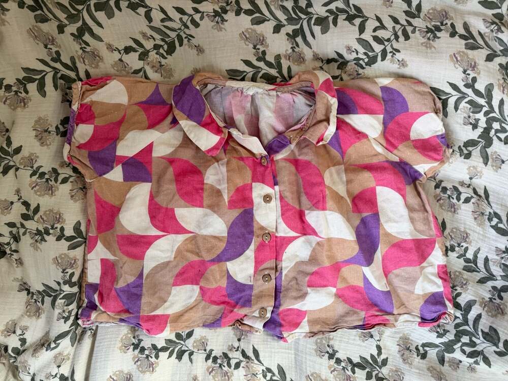 Oeuf Geometric Print Short Sleeve Linen Button-Down Shirt